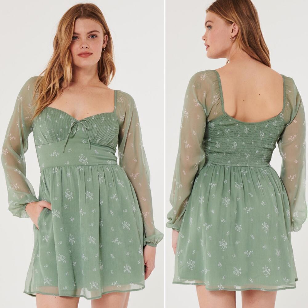 Hollister Floral Chiffon Sweetheartt Mini‎ Dress Size M Green Cottagecore Fairy
